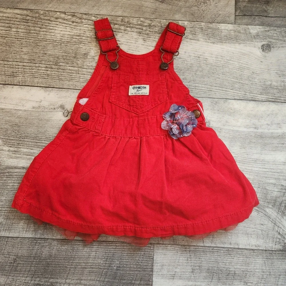 OshKosh Bgosh Toddler Girls Red Corduroy Overall Dress 9‎ Months Cotton Jumper